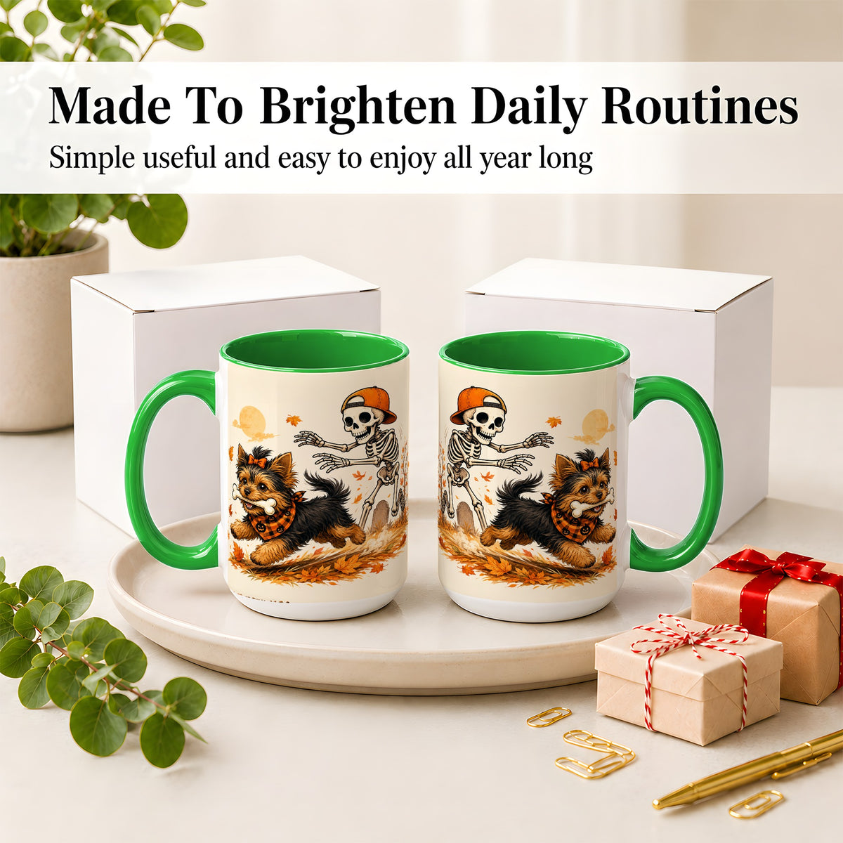 #pl[15oz|Green] Orange Cap Skeleton Yorkie Ceramic Mug, Autumn Art for Dog Lovers