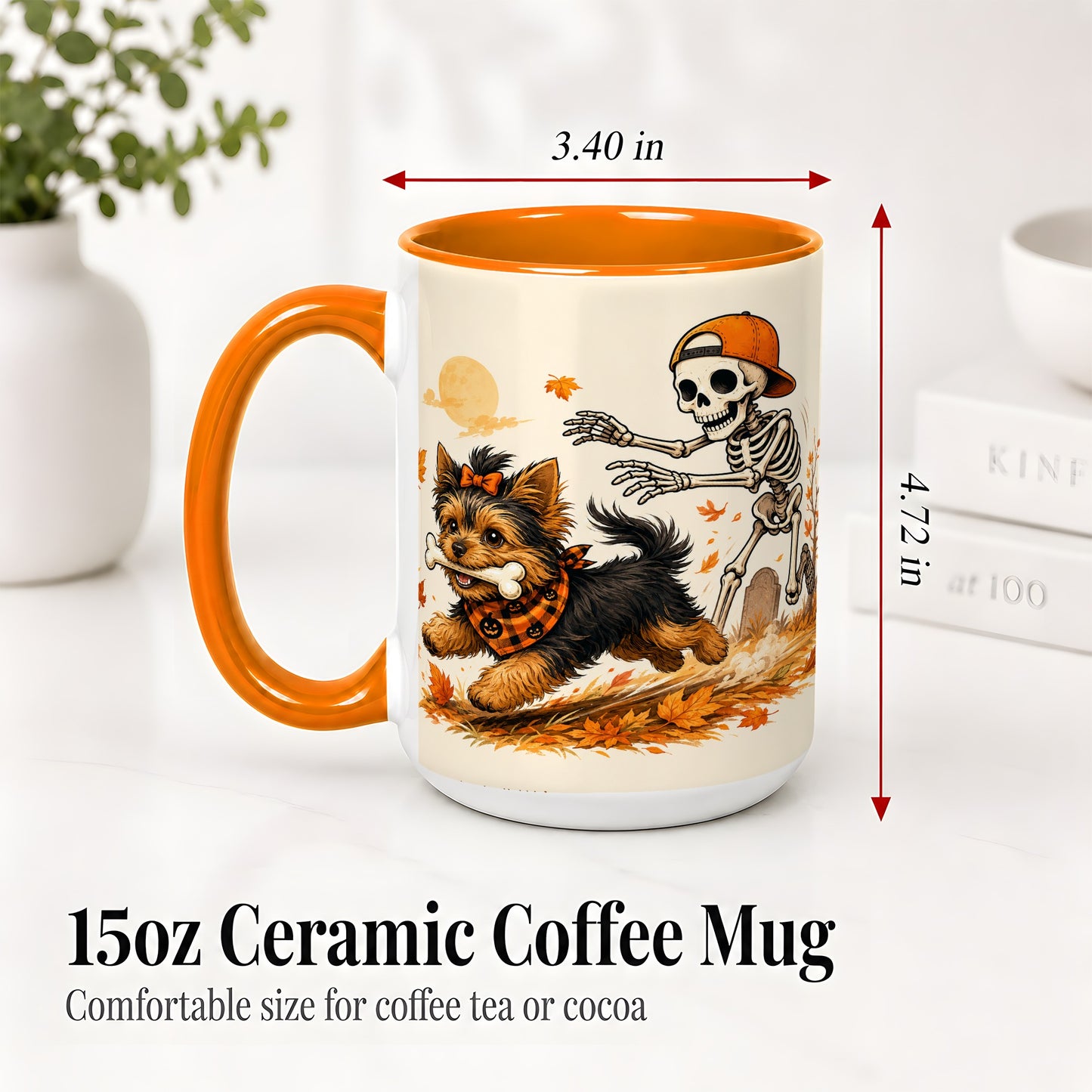 #pl[15oz|Orange] Orange Cap Skeleton Yorkie Ceramic Mug, Autumn Art for Dog Lovers