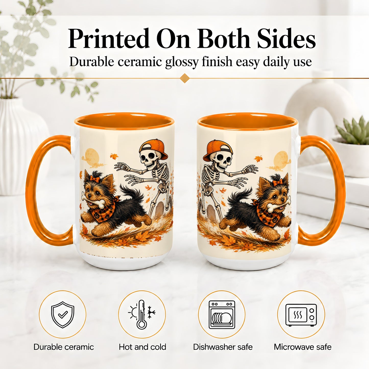 #pl[15oz|Orange] Orange Cap Skeleton Yorkie Ceramic Mug, Autumn Art for Dog Lovers