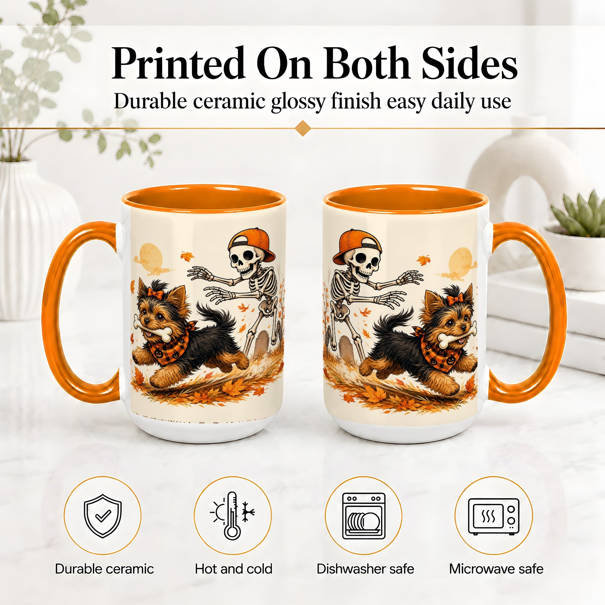 #pl[15oz|Orange] Orange Cap Skeleton Yorkie Ceramic Mug, Autumn Art for Dog Lovers