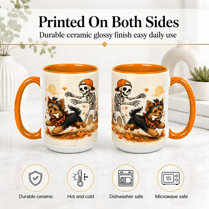 #pl[15oz|Orange] Orange Cap Skeleton Yorkie Ceramic Mug, Autumn Art for Dog Lovers