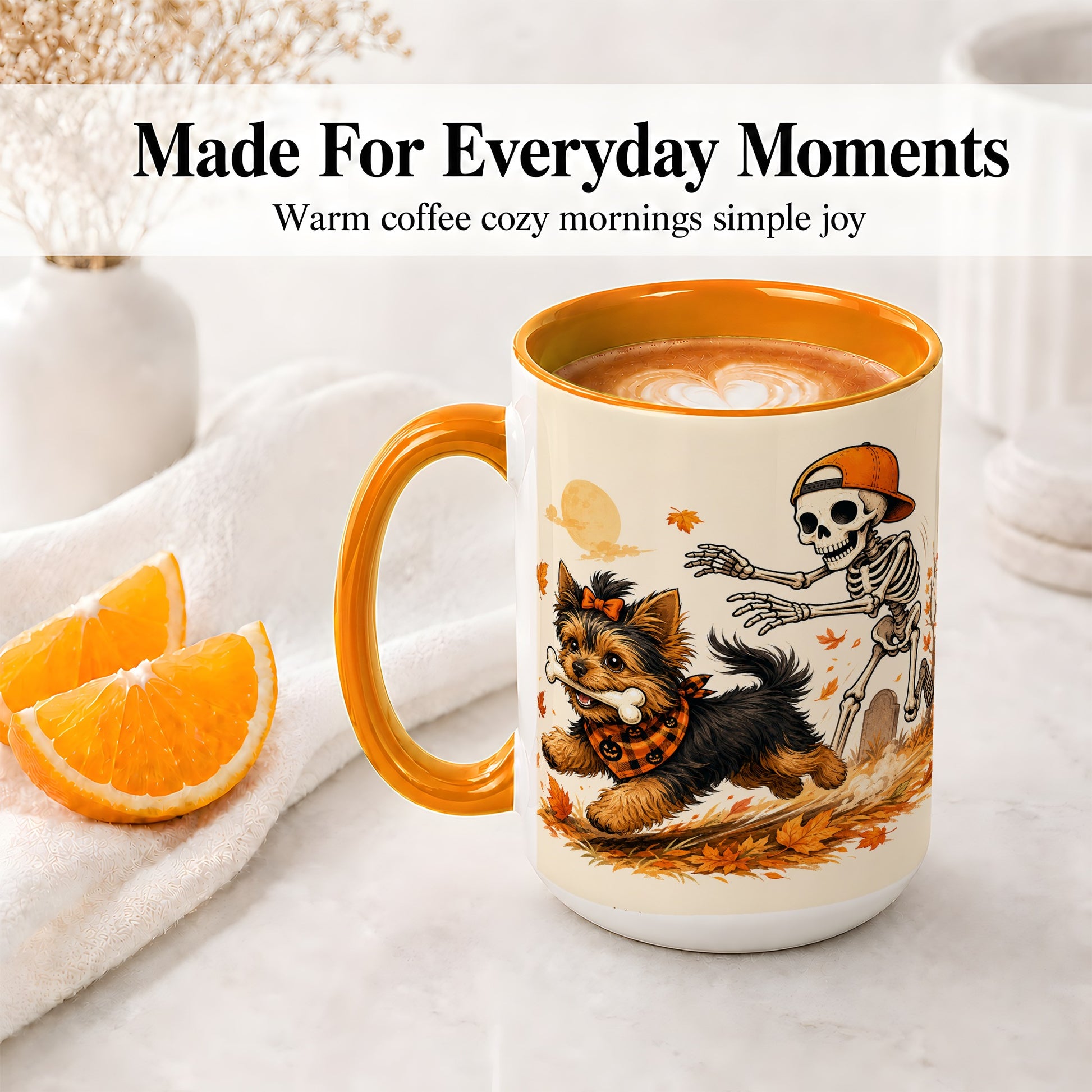 #pl[15oz|Orange] Orange Cap Skeleton Yorkie Ceramic Mug, Autumn Art for Dog Lovers