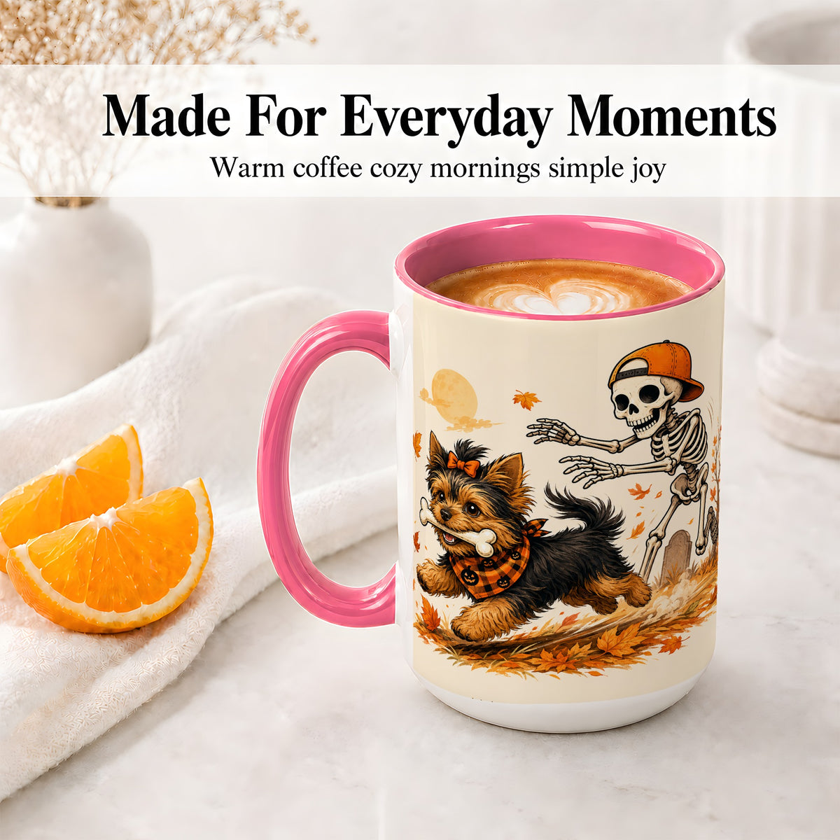 #pl[15oz|Pink] Orange Cap Skeleton Yorkie Ceramic Mug, Autumn Art for Dog Lovers