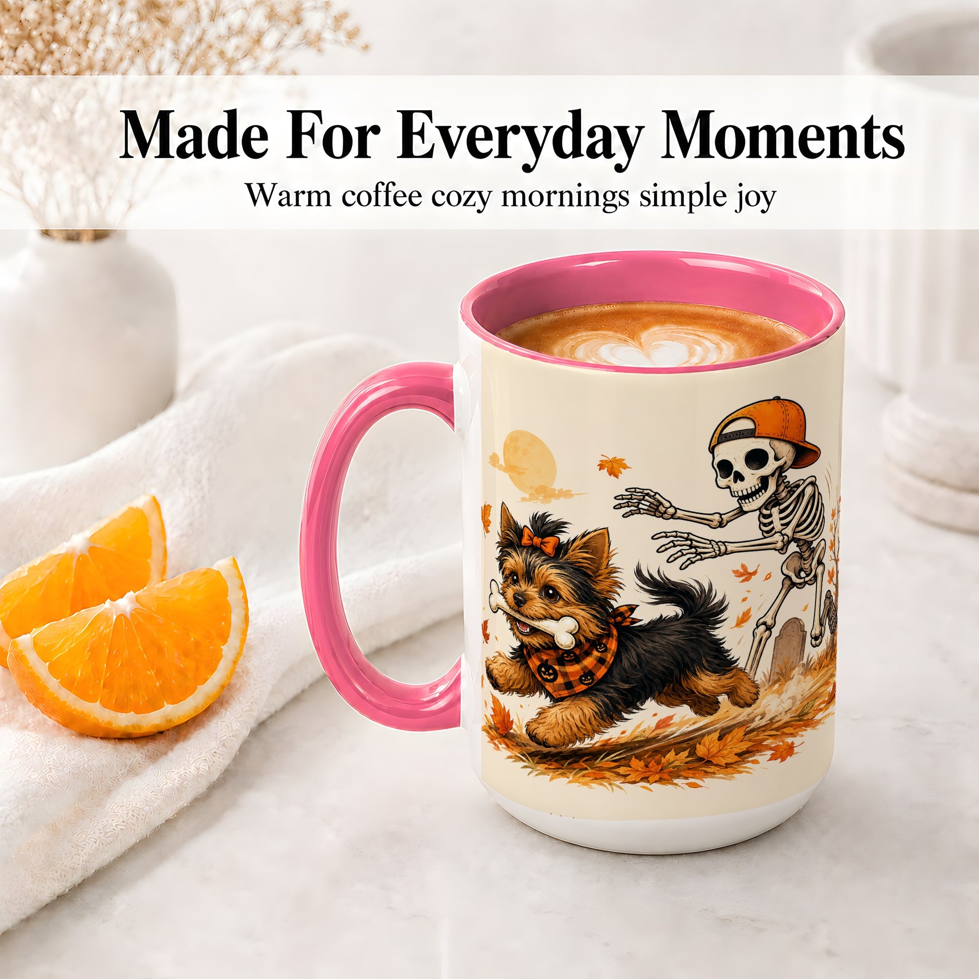 #pl[15oz|Pink] Orange Cap Skeleton Yorkie Ceramic Mug, Autumn Art for Dog Lovers