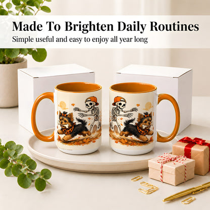 #pl[15oz|Orange] Orange Cap Skeleton Yorkie Ceramic Mug, Autumn Art for Dog Lovers