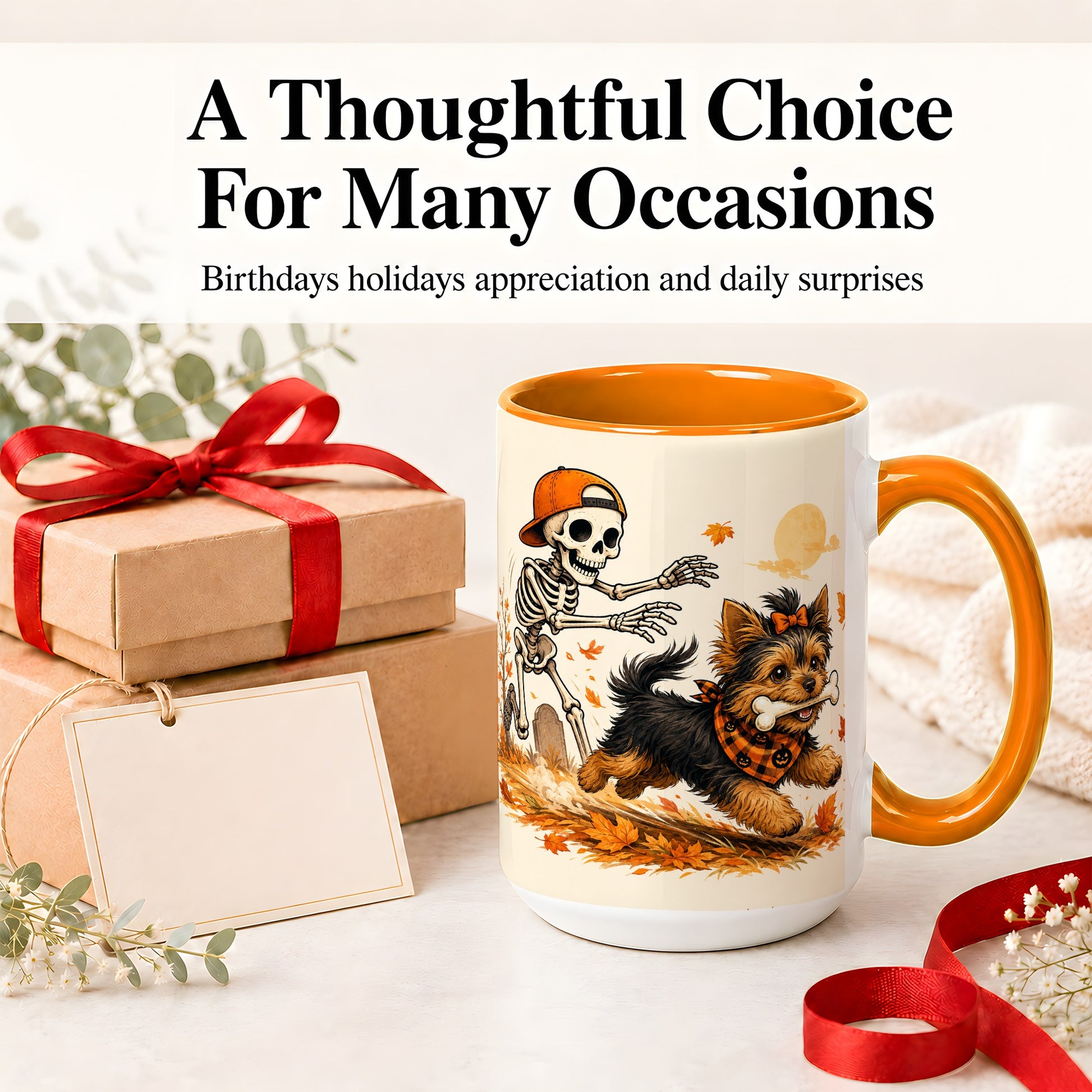 #pl[15oz|Orange] Orange Cap Skeleton Yorkie Ceramic Mug, Autumn Art for Dog Lovers