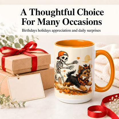 #pl[15oz|Orange] Orange Cap Skeleton Yorkie Ceramic Mug, Autumn Art for Dog Lovers