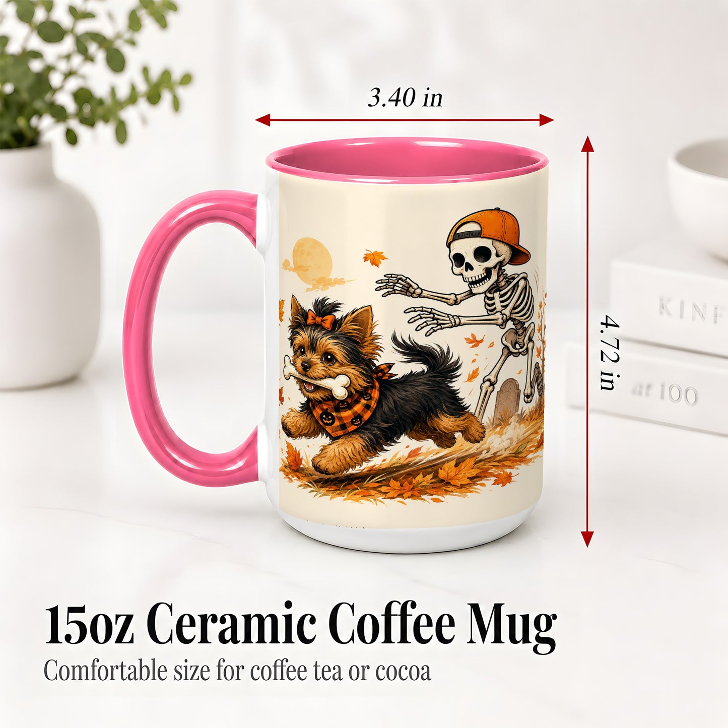#pl[15oz|Pink] Orange Cap Skeleton Yorkie Ceramic Mug, Autumn Art for Dog Lovers