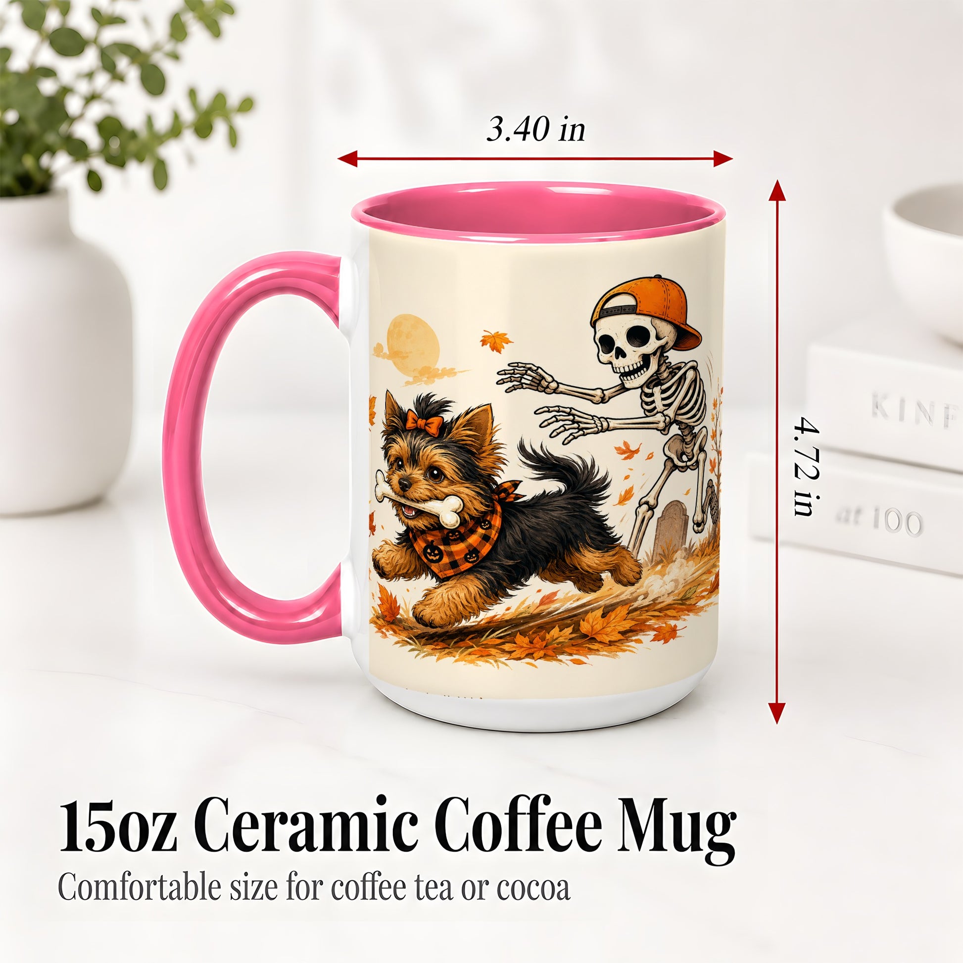 #pl[15oz|Pink] Orange Cap Skeleton Yorkie Ceramic Mug, Autumn Art for Dog Lovers