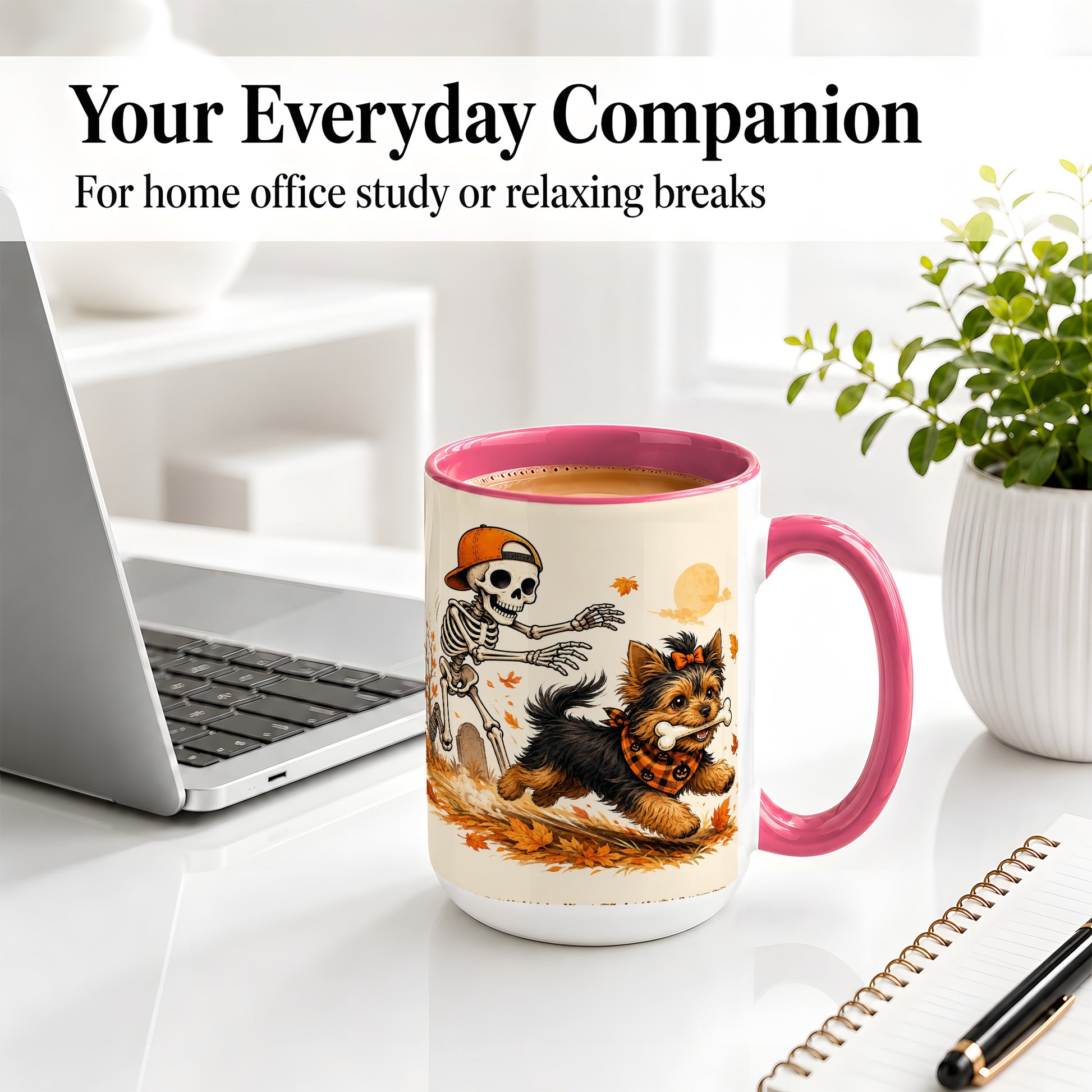 #pl[15oz|Pink] Orange Cap Skeleton Yorkie Ceramic Mug, Autumn Art for Dog Lovers
