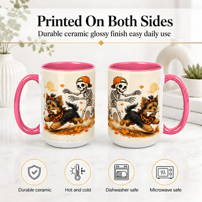 #pl[15oz|Pink] Orange Cap Skeleton Yorkie Ceramic Mug, Autumn Art for Dog Lovers