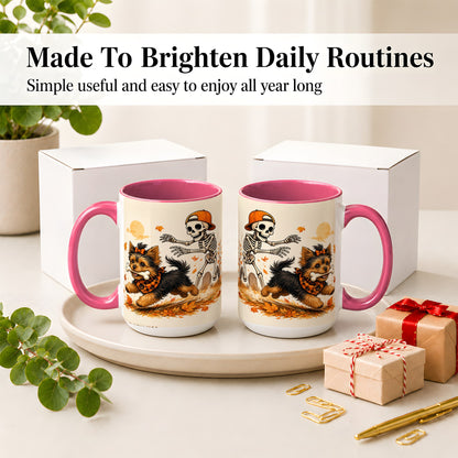 #pl[15oz|Pink] Orange Cap Skeleton Yorkie Ceramic Mug, Autumn Art for Dog Lovers