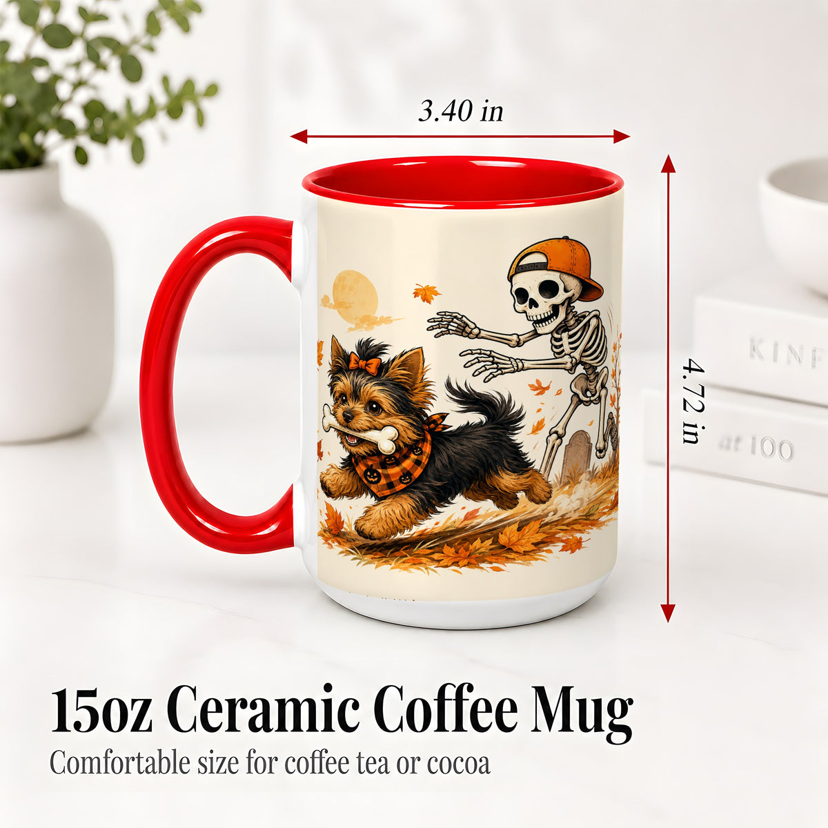 #pl[15oz|Red] Orange Cap Skeleton Yorkie Ceramic Mug, Autumn Art for Dog Lovers