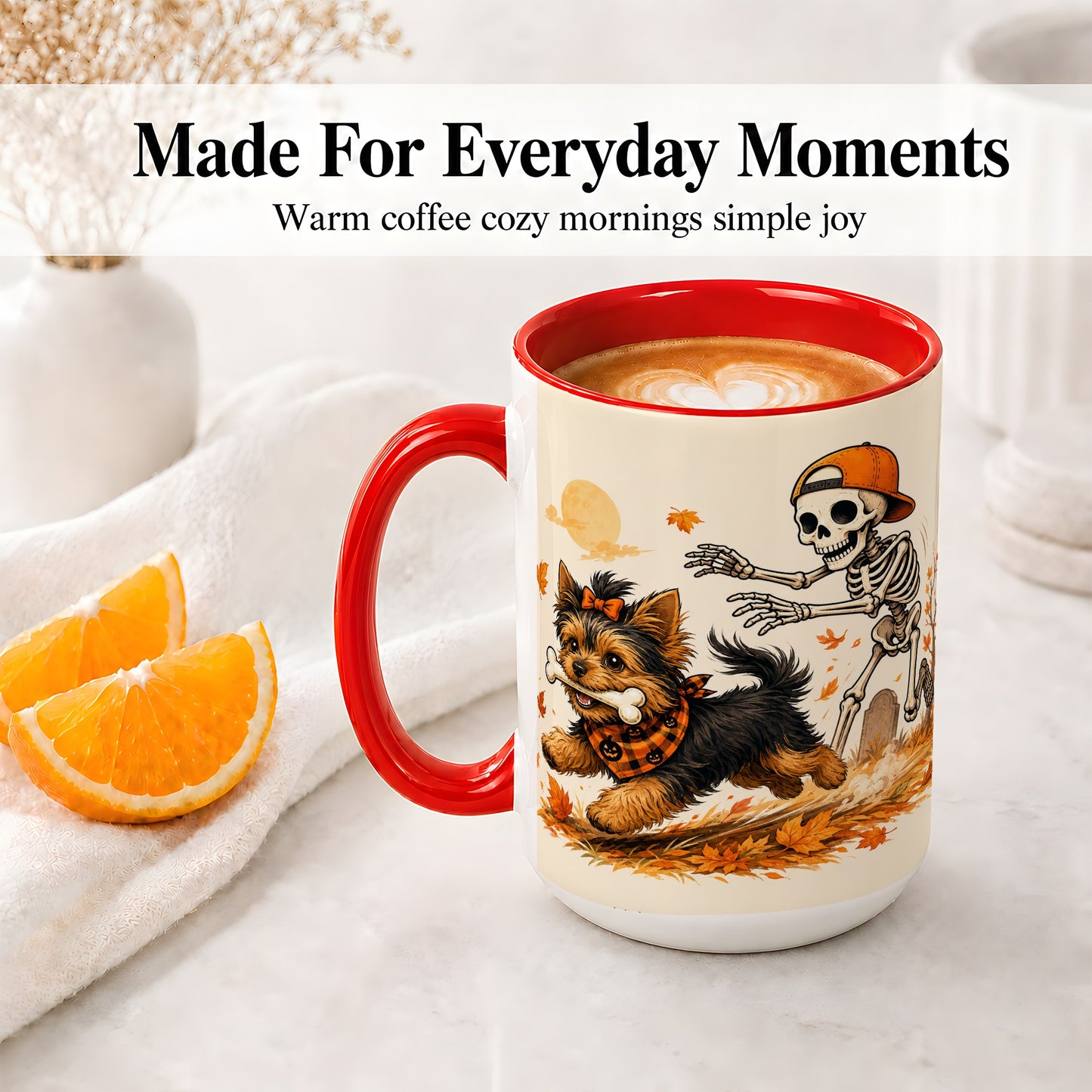 #pl[15oz|Red] Orange Cap Skeleton Yorkie Ceramic Mug, Autumn Art for Dog Lovers