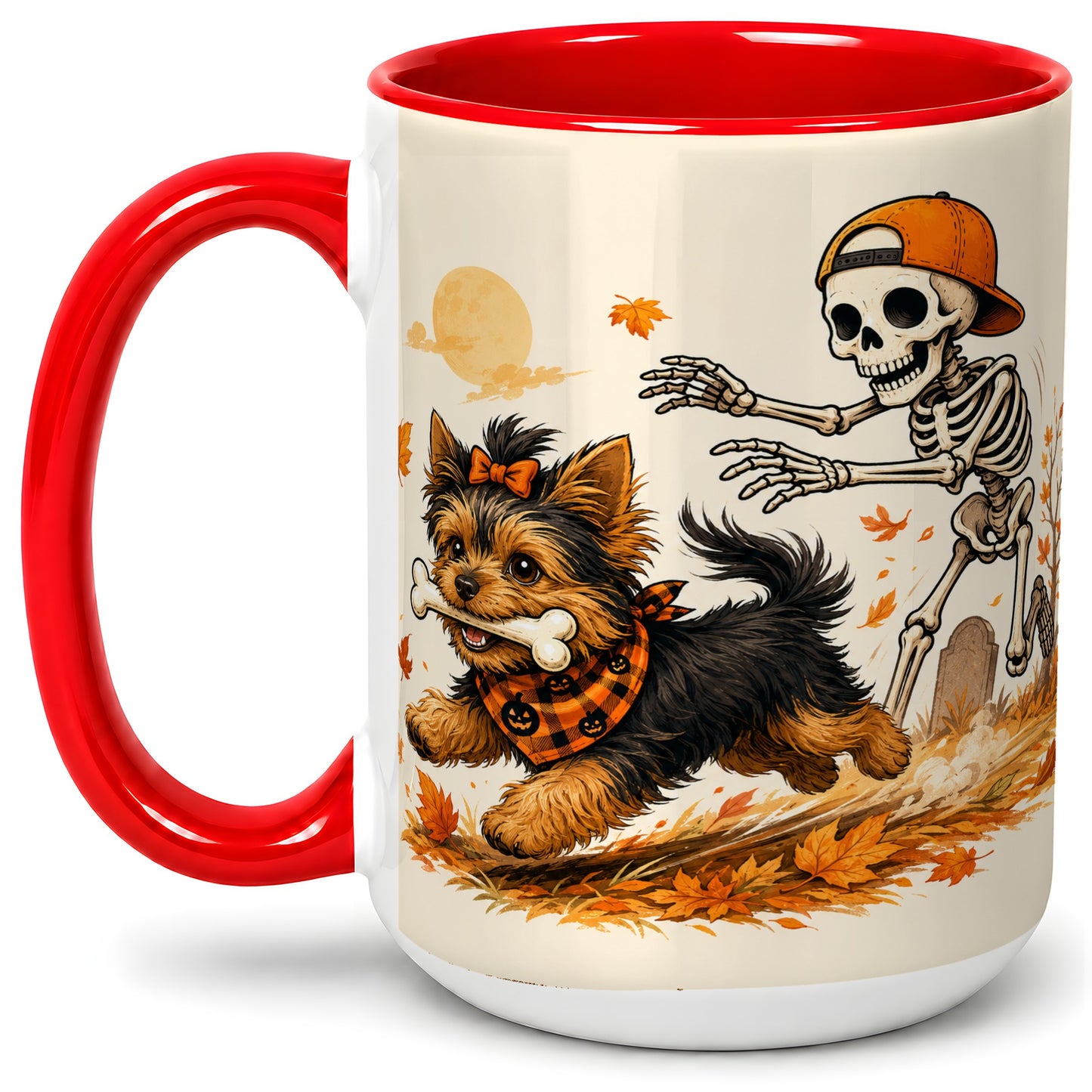 #pl[15oz|Red] Orange Cap Skeleton Yorkie Ceramic Mug, Autumn Art for Dog Lovers