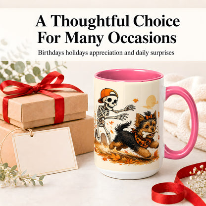 #pl[15oz|Pink] Orange Cap Skeleton Yorkie Ceramic Mug, Autumn Art for Dog Lovers