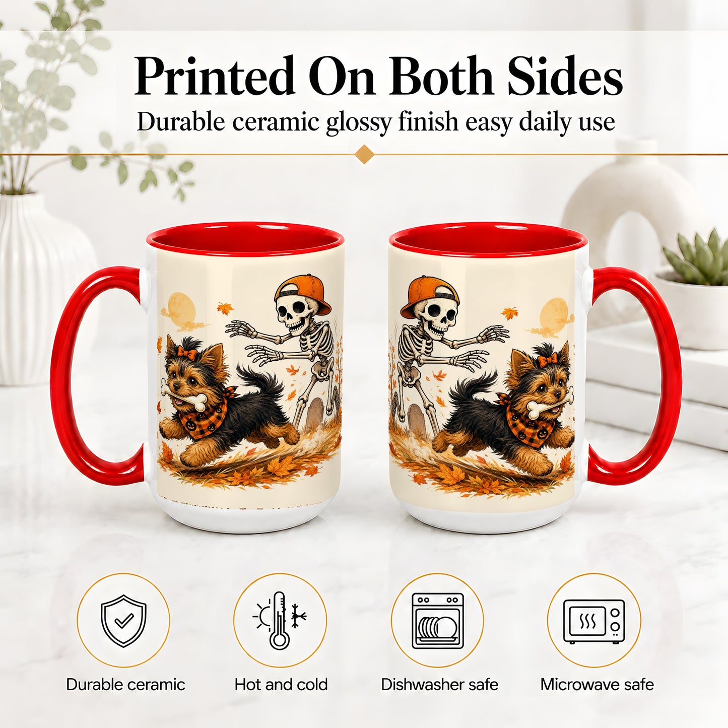 #pl[15oz|Red] Orange Cap Skeleton Yorkie Ceramic Mug, Autumn Art for Dog Lovers