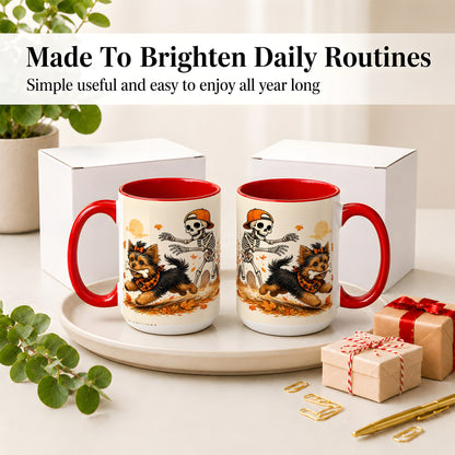 #pl[15oz|Red] Orange Cap Skeleton Yorkie Ceramic Mug, Autumn Art for Dog Lovers
