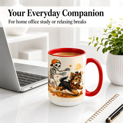 #pl[15oz|Red] Orange Cap Skeleton Yorkie Ceramic Mug, Autumn Art for Dog Lovers