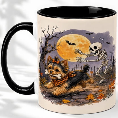 #pl[11oz|Black] Moonlit Graveyard Yorkie Ceramic Mug, Halloween Art for Dog Lovers
