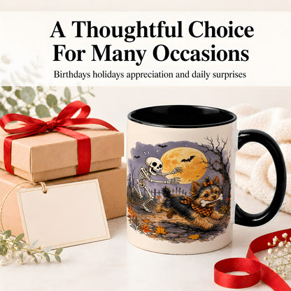 #pl[11oz|Black] Moonlit Graveyard Yorkie Ceramic Mug, Halloween Art for Dog Lovers