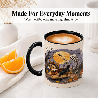 #pl[11oz|Black] Moonlit Graveyard Yorkie Ceramic Mug, Halloween Art for Dog Lovers