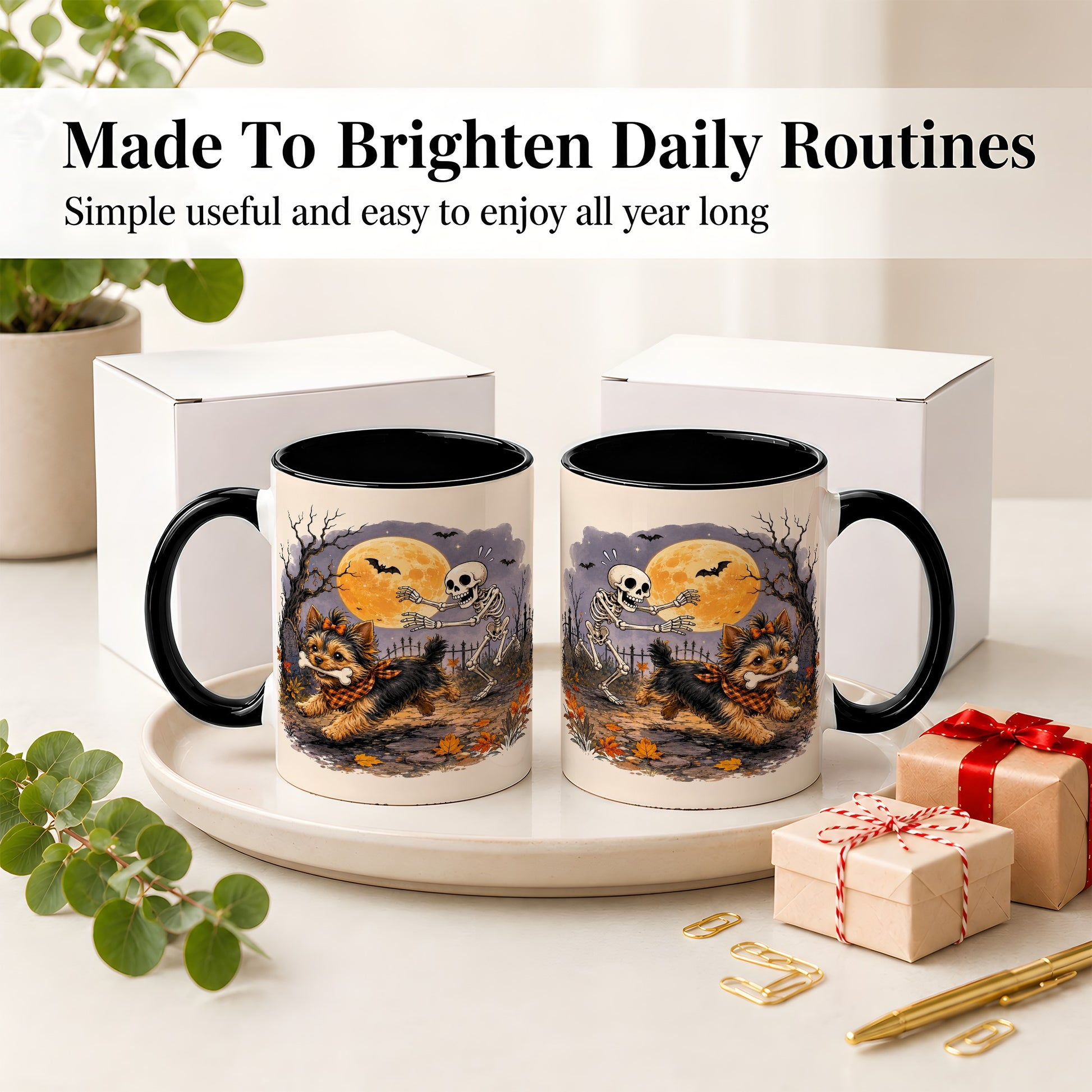 #pl[11oz|Black] Moonlit Graveyard Yorkie Ceramic Mug, Halloween Art for Dog Lovers