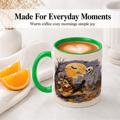 #pl[11oz|Green] Moonlit Graveyard Yorkie Ceramic Mug, Halloween Art for Dog Lovers