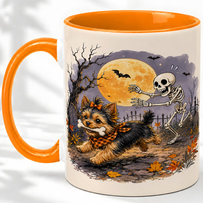 #pl[11oz|Orange] Moonlit Graveyard Yorkie Ceramic Mug, Halloween Art for Dog Lovers
