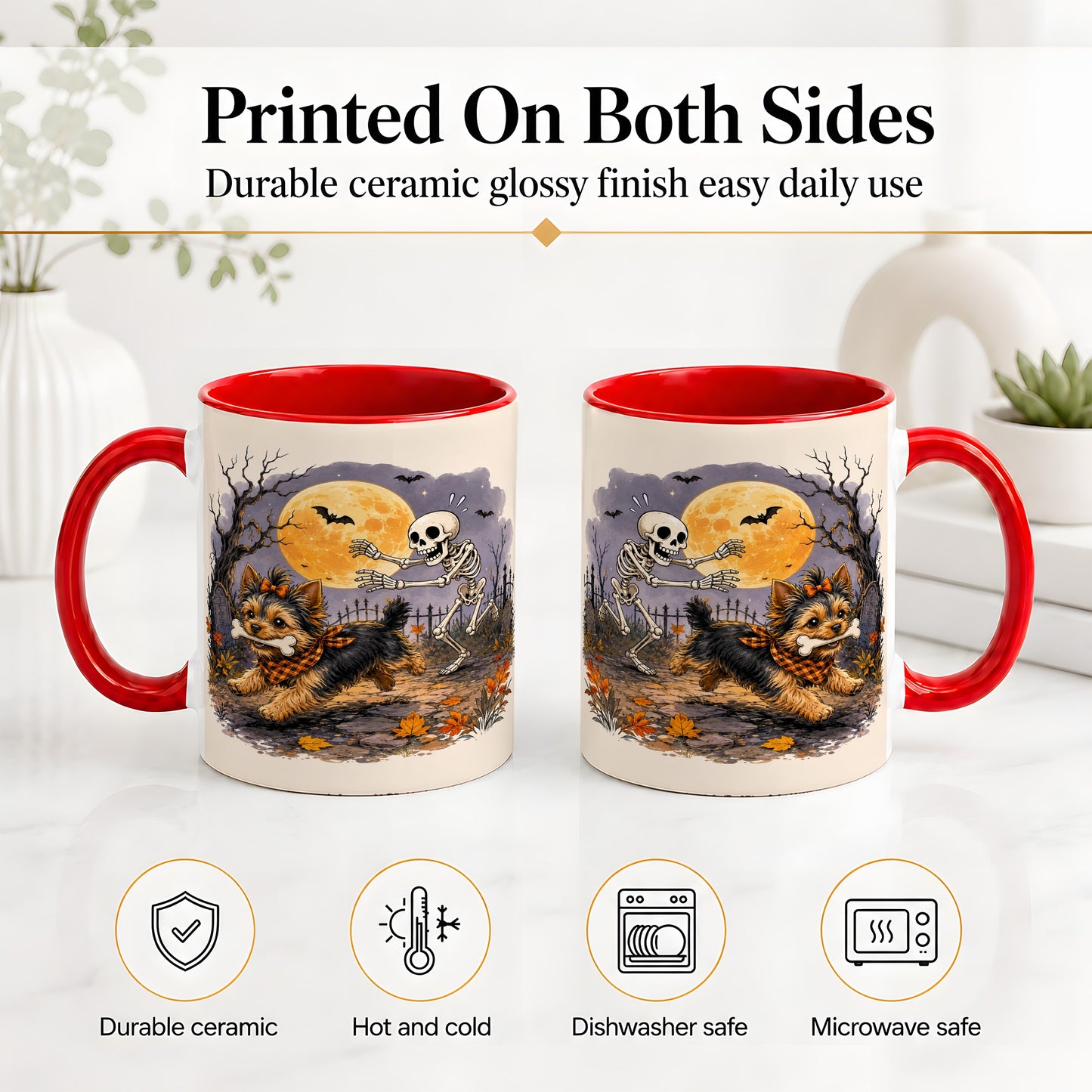 #pl[11oz|Red] Moonlit Graveyard Yorkie Ceramic Mug, Halloween Art for Dog Lovers