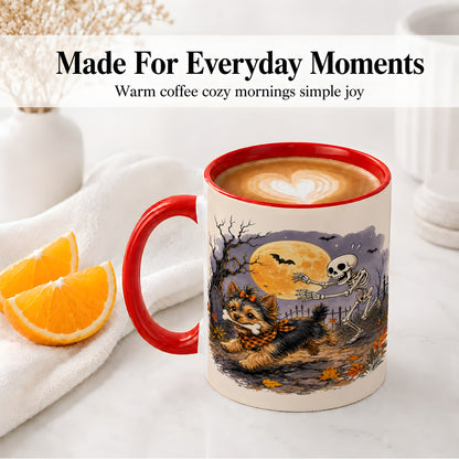 #pl[11oz|Red] Moonlit Graveyard Yorkie Ceramic Mug, Halloween Art for Dog Lovers