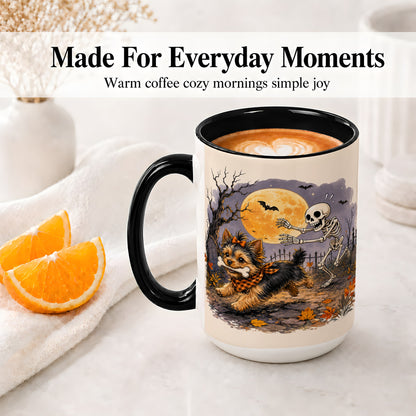 #pl[15oz|Black] Moonlit Graveyard Yorkie Ceramic Mug, Halloween Art for Dog Lovers