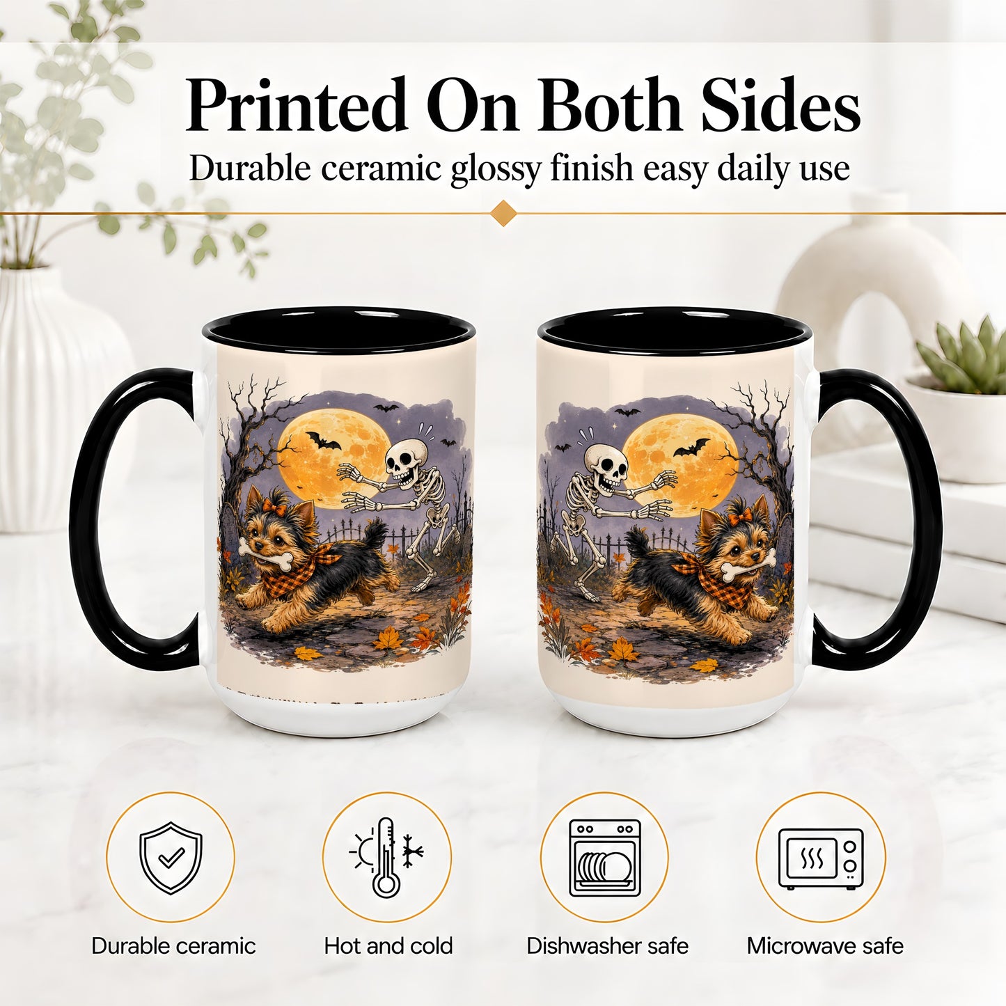 #pl[15oz|Black] Moonlit Graveyard Yorkie Ceramic Mug, Halloween Art for Dog Lovers