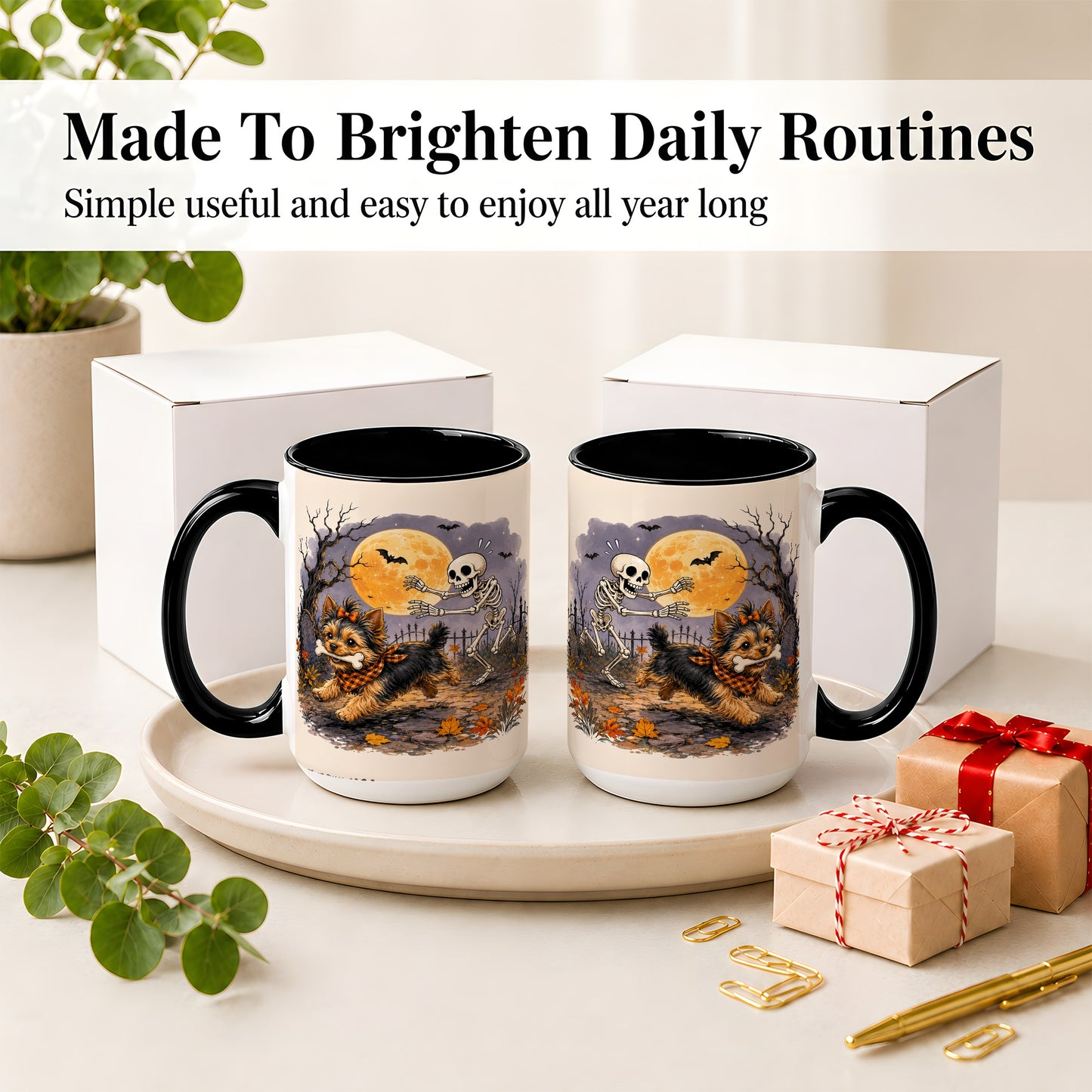 #pl[15oz|Black] Moonlit Graveyard Yorkie Ceramic Mug, Halloween Art for Dog Lovers