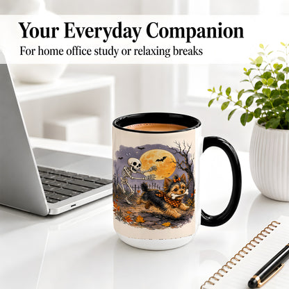 #pl[15oz|Black] Moonlit Graveyard Yorkie Ceramic Mug, Halloween Art for Dog Lovers