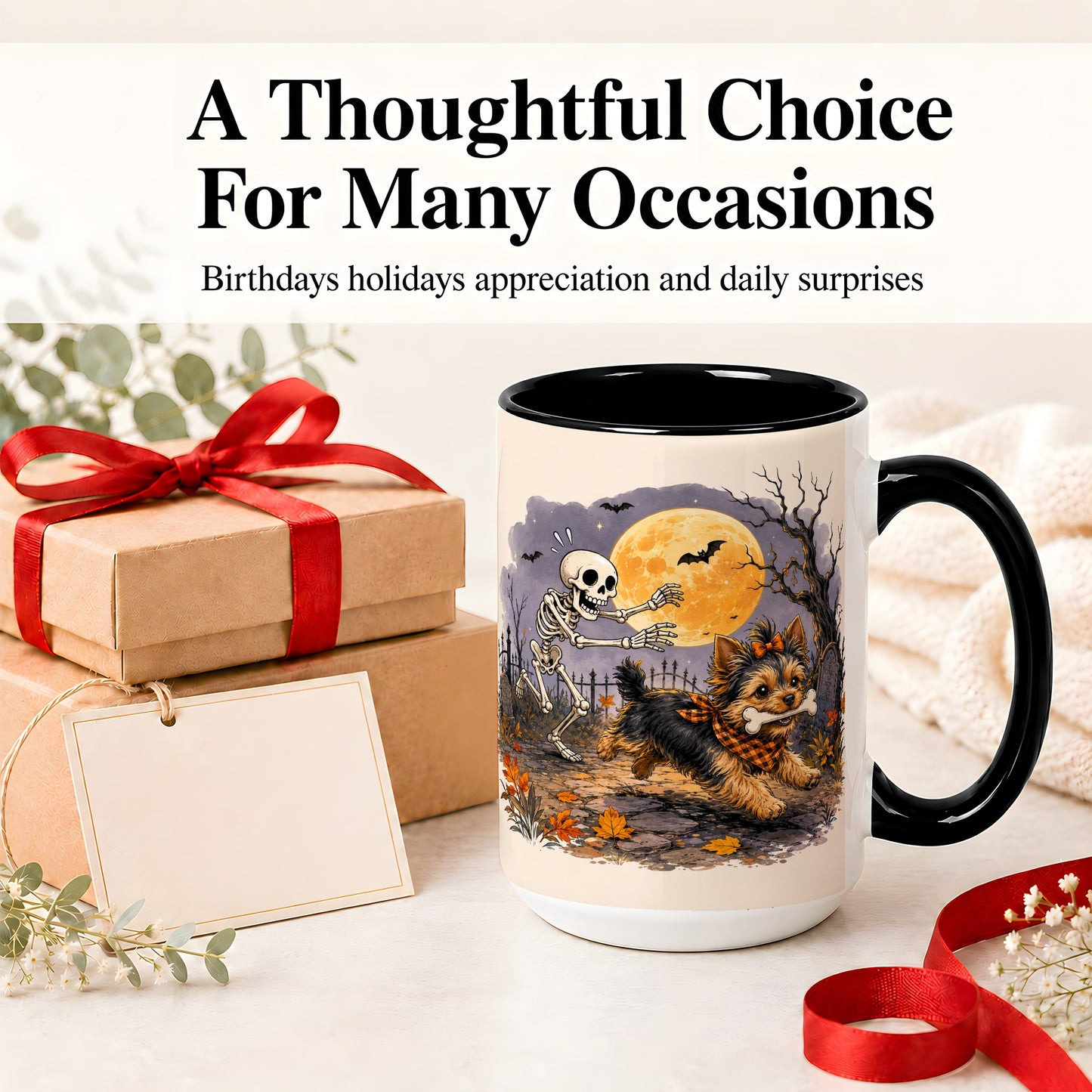#pl[15oz|Black] Moonlit Graveyard Yorkie Ceramic Mug, Halloween Art for Dog Lovers