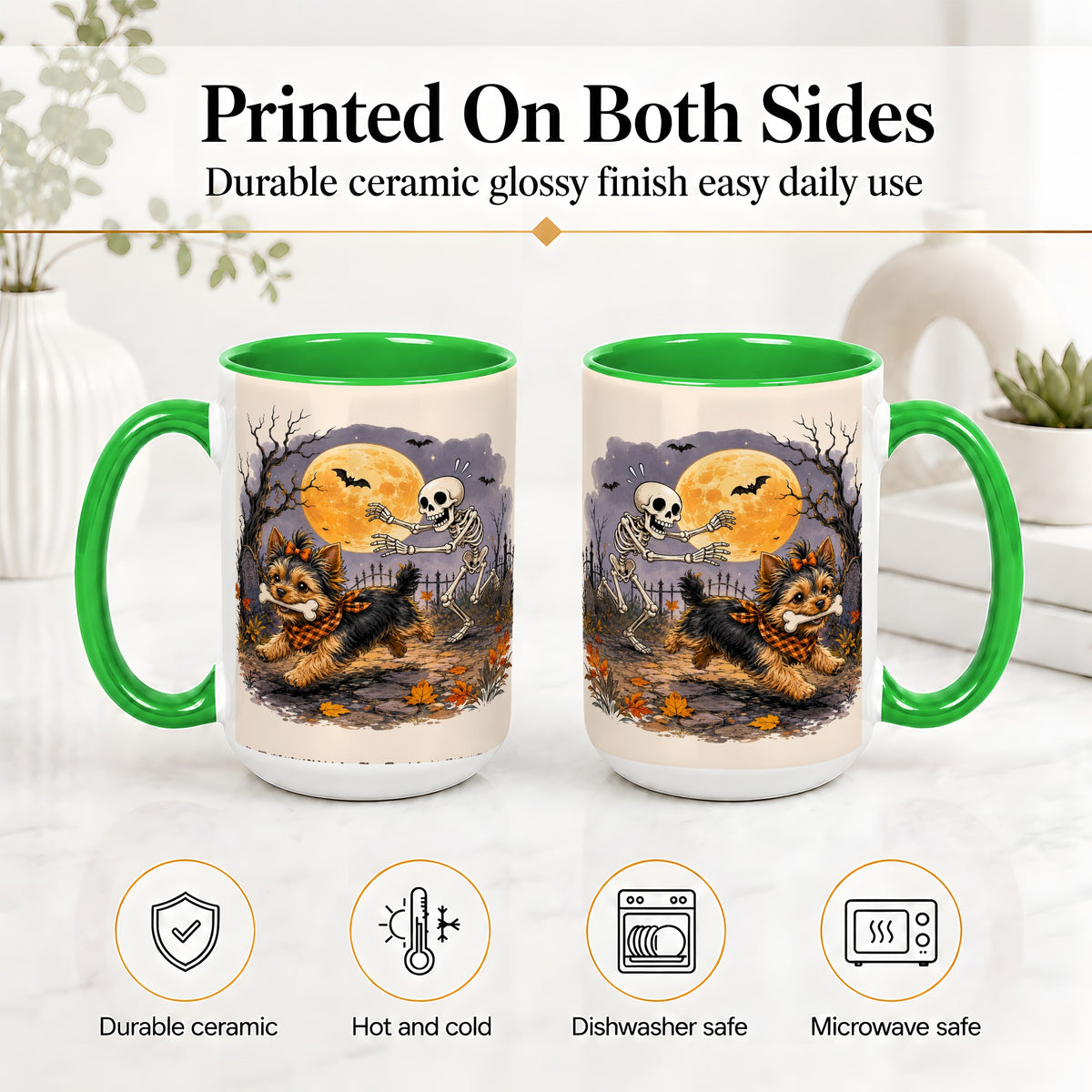 #pl[15oz|Green] Moonlit Graveyard Yorkie Ceramic Mug, Halloween Art for Dog Lovers