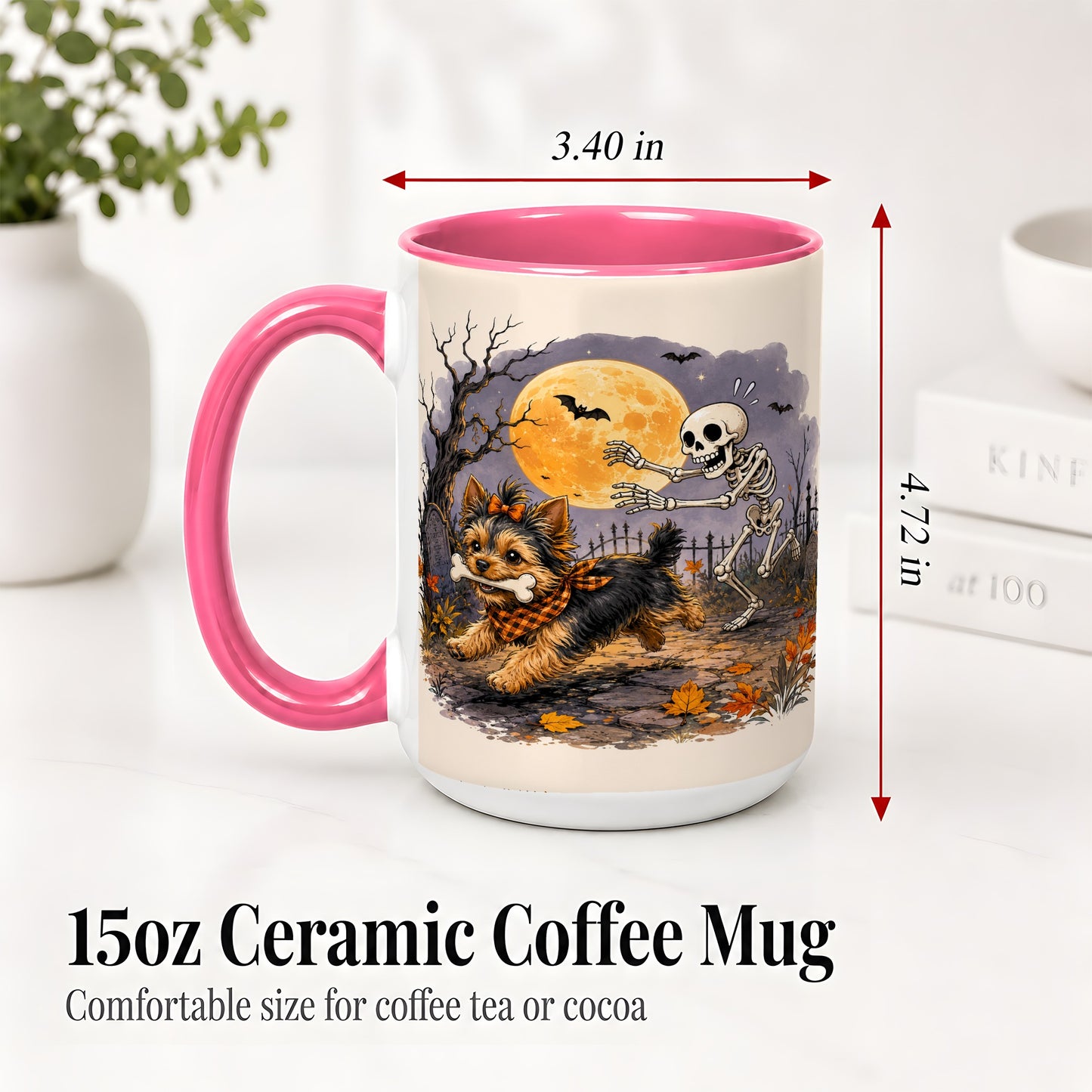 #pl[15oz|Pink] Moonlit Graveyard Yorkie Ceramic Mug, Halloween Art for Dog Lovers