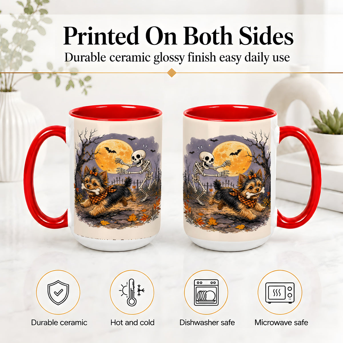 #pl[15oz|Red] Moonlit Graveyard Yorkie Ceramic Mug, Halloween Art for Dog Lovers