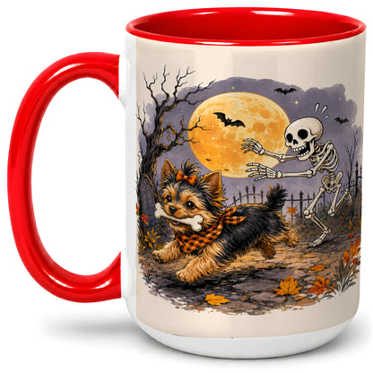 #pl[15oz|Red] Moonlit Graveyard Yorkie Ceramic Mug, Halloween Art for Dog Lovers