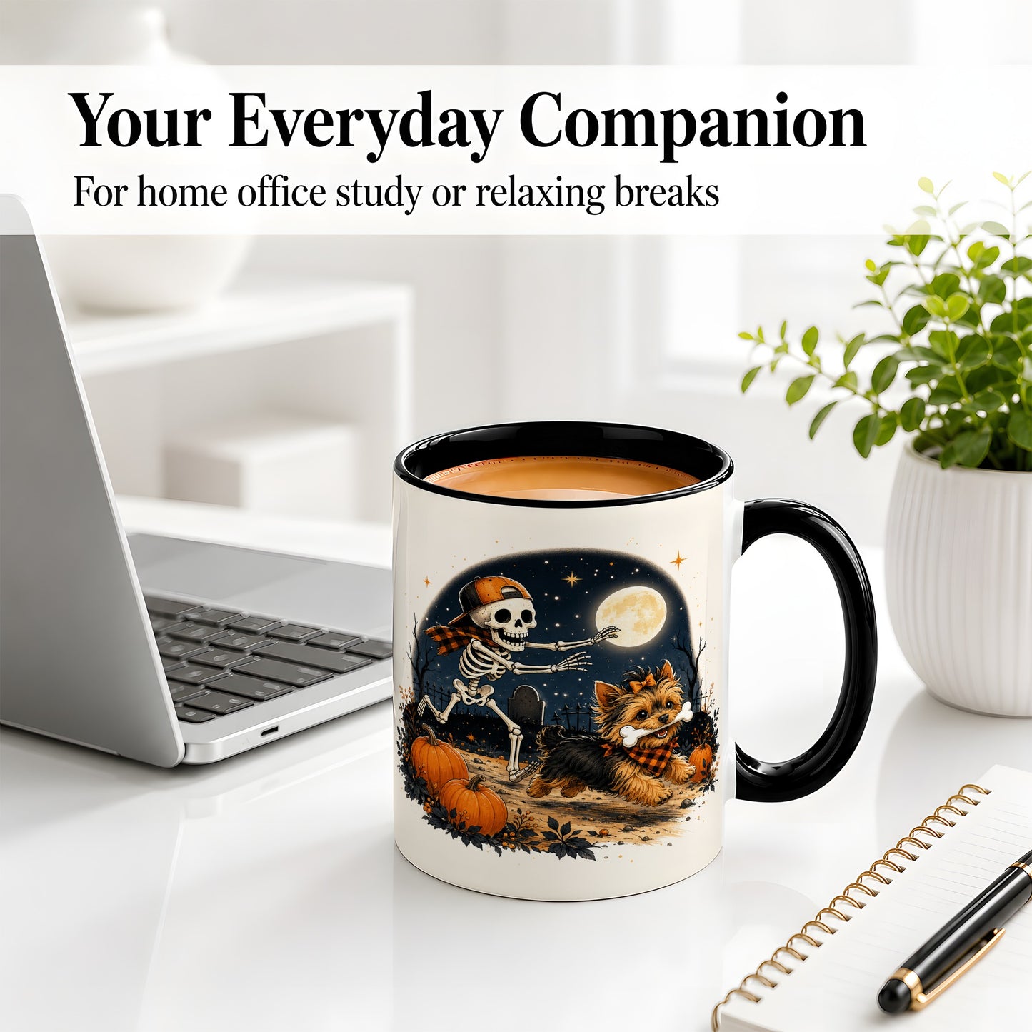 #pl[11oz|Black] Midnight Yorkie Skeleton Ceramic Mug, Halloween Art for Dog Lovers