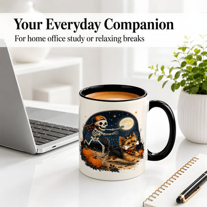 #pl[11oz|Black] Midnight Yorkie Skeleton Ceramic Mug, Halloween Art for Dog Lovers