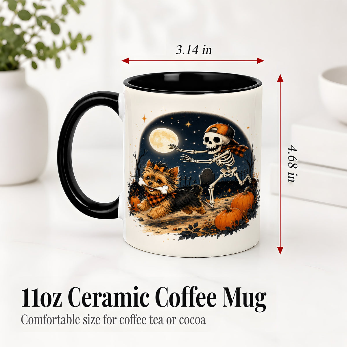#pl[11oz|Black] Midnight Yorkie Skeleton Ceramic Mug, Halloween Art for Dog Lovers