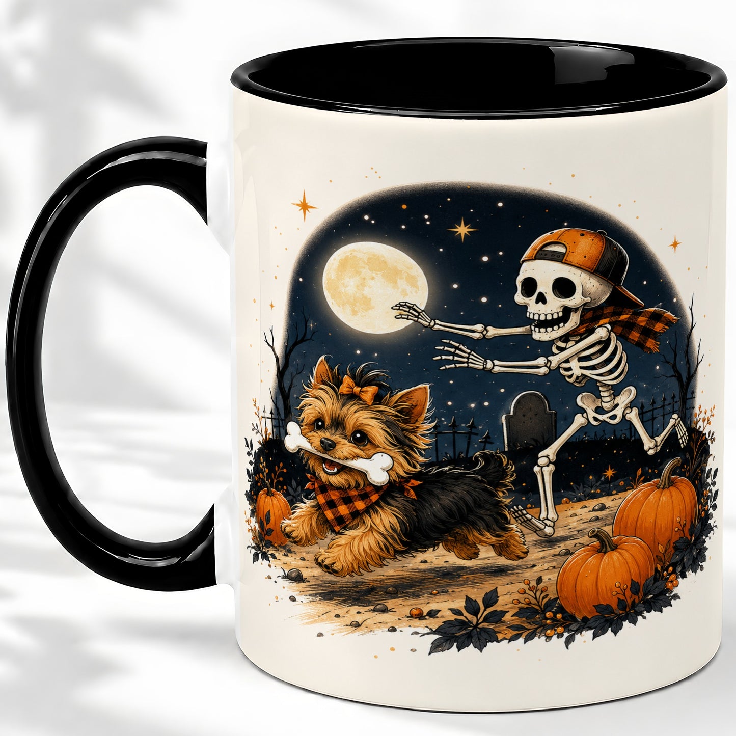 #pl[11oz|Black] Midnight Yorkie Skeleton Ceramic Mug, Halloween Art for Dog Lovers