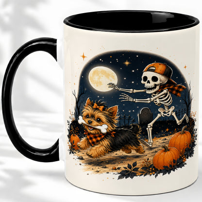 #pl[11oz|Black] Midnight Yorkie Skeleton Ceramic Mug, Halloween Art for Dog Lovers