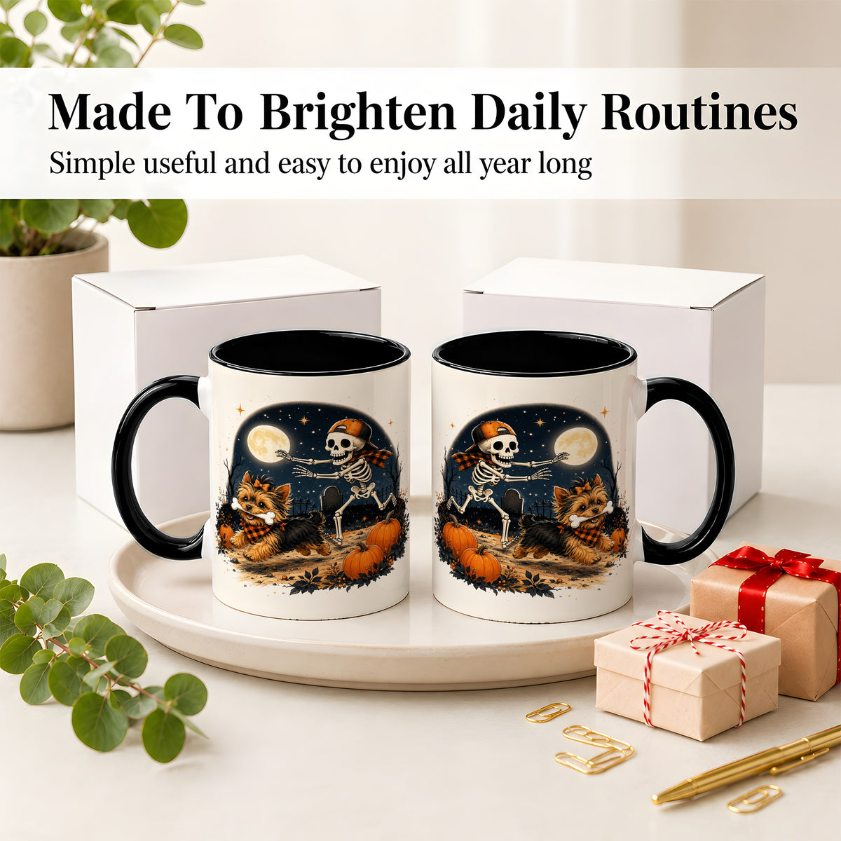 #pl[11oz|Black] Midnight Yorkie Skeleton Ceramic Mug, Halloween Art for Dog Lovers