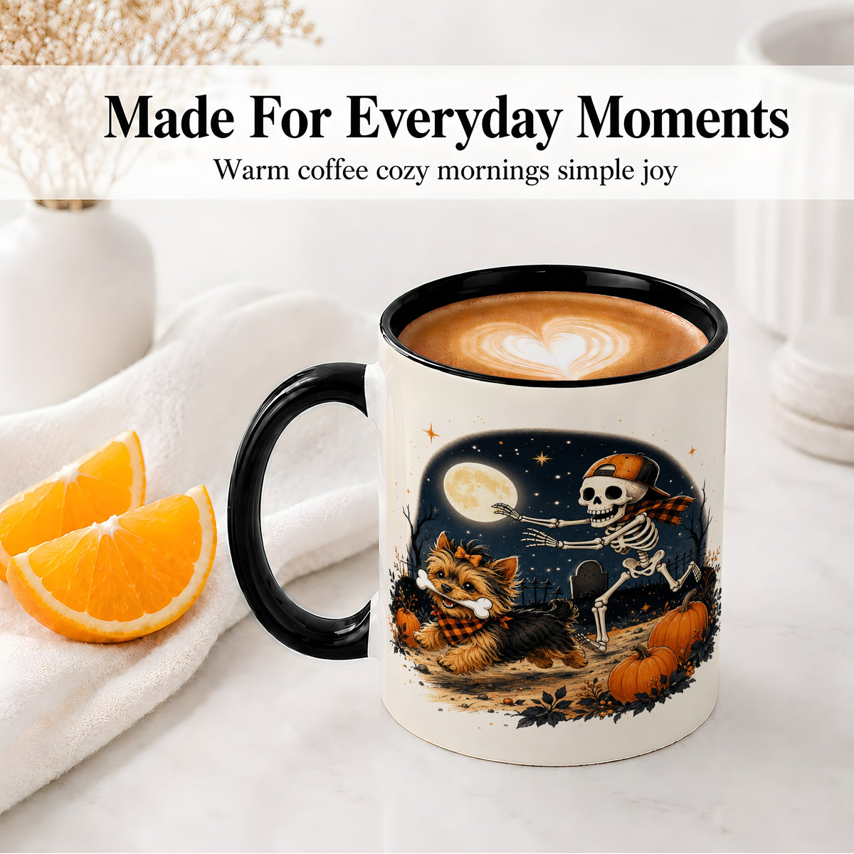 #pl[11oz|Black] Midnight Yorkie Skeleton Ceramic Mug, Halloween Art for Dog Lovers