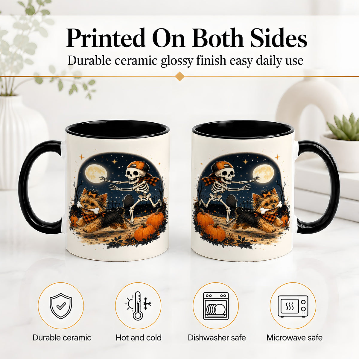 #pl[11oz|Black] Midnight Yorkie Skeleton Ceramic Mug, Halloween Art for Dog Lovers