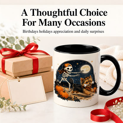 #pl[11oz|Black] Midnight Yorkie Skeleton Ceramic Mug, Halloween Art for Dog Lovers