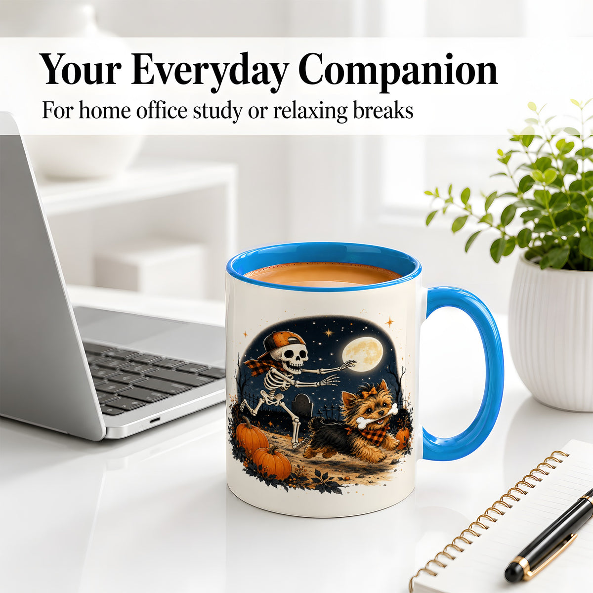 #pl[11oz|Blue] Midnight Yorkie Skeleton Ceramic Mug, Halloween Art for Dog Lovers